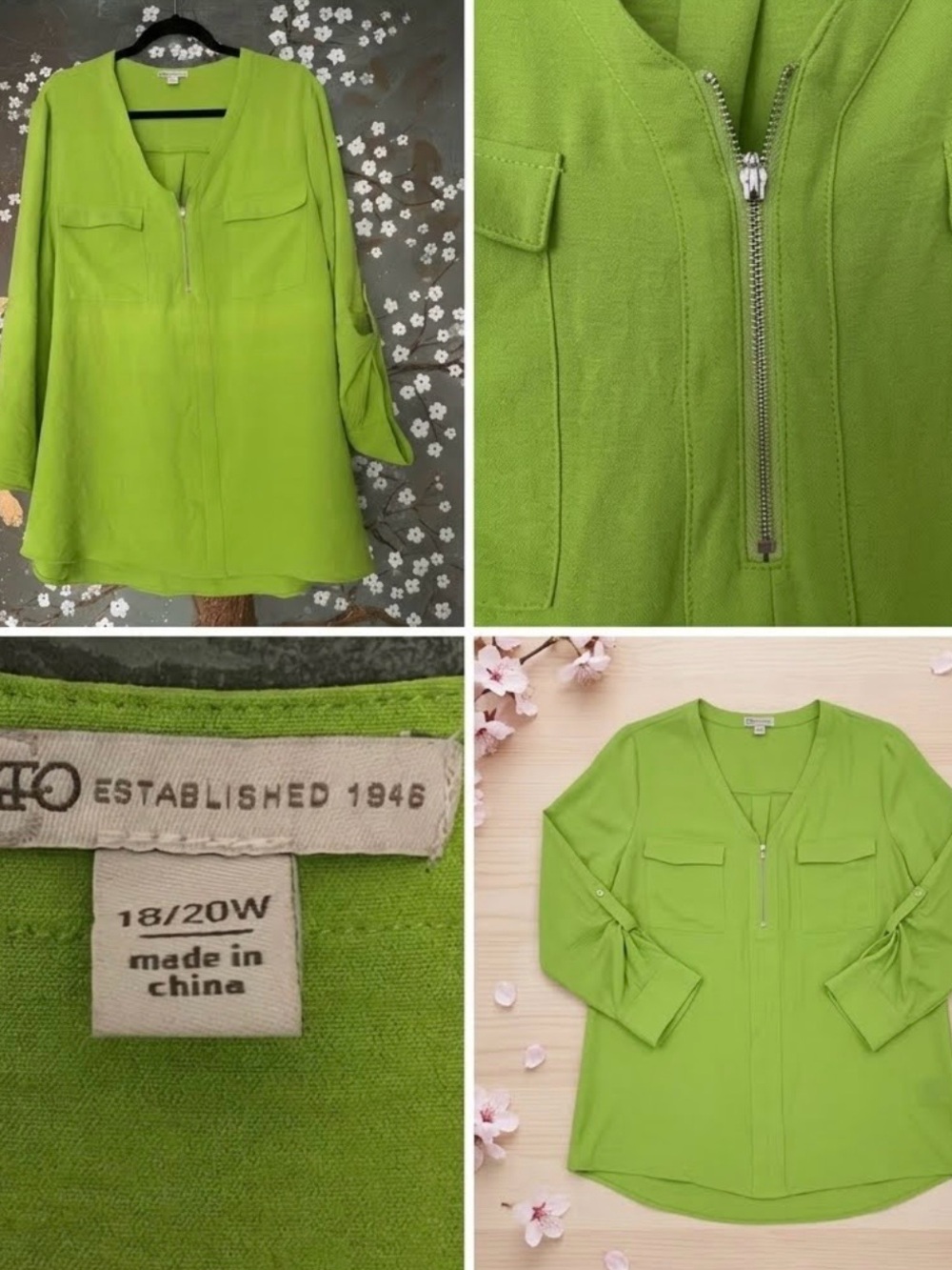 Cato Plus Size 18/20W Lime Green V-Neck Zip Accent Blouse Top Roll Tab Sleeve